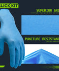 Blue nitrile disposable glove; textured palm and fingers for grip; puncture-resistance label.