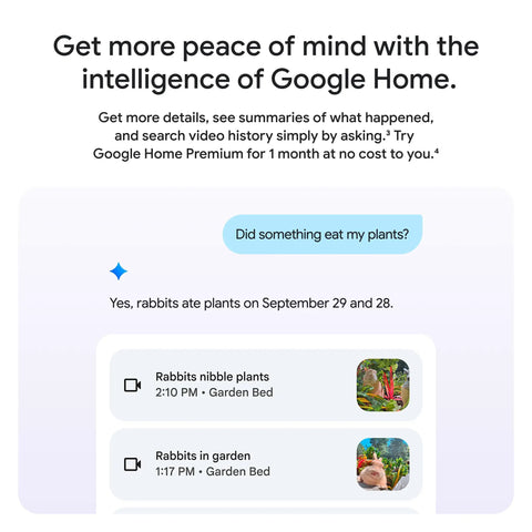 Google Home interface showing security alerts about rabbits eating plants on specific dates.
