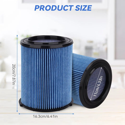 Two cylindrical blue filters with measurements for Premium Replacement Vacuum Filter For 5 To 20 Gallon Shop Vacuums Fine Dust Filter