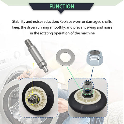 Professional Grade Dryer Drum Roller Shaft Kit parts including stainless steel shaft, washer, and roller assembly.