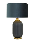 Blue Glass Table Lamp With Velvet Shade And Gold Accents, Ribbed Accent Lamp For Living Room, Transitional Style, Iron And Tempered Glass Build