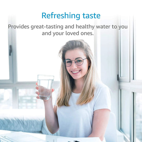 Woman enjoying water filtered by Under Sink Water Filter Replacement For AP517 Aqua Pure Compatible, NSF/ANSI 42 Certified.