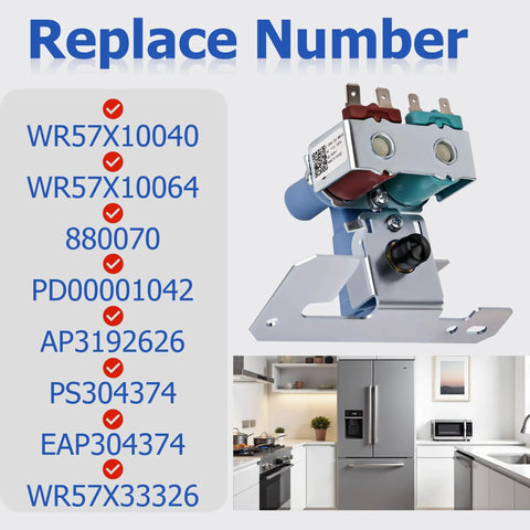 Refrigerator Water Inlet Valve Dual Solenoid Replacement WR57X10032 For GE Hotpoint Fits Most GE Hotpoint Models Replaces WR57X10051 AP3672839 PS901314 AH304374 AP3192626 WR57X33326 11 Inch By 8 Inch By 3.5 Inch, metal