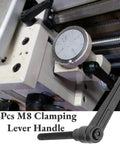 Four Pack M8 Male Thread Clamping Lever Handles Featuring Rock Solid Stainless Steel Construction With No Sweat Adjustment For Fast Machine Tweaks Black 70mm Finish, shown mounted on machinery.