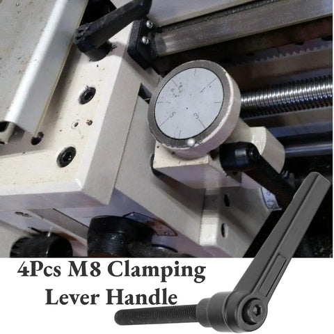 Four Pack M8 Male Thread Clamping Lever Handles Featuring Rock Solid Stainless Steel Construction With No Sweat Adjustment For Fast Machine Tweaks Black 70mm Finish, shown mounted on machinery.