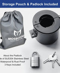 Front view of MOSECYOU door knob locking cover with padlock, SUS304 stainless steel, includes 3 keys and gray storage pouch
