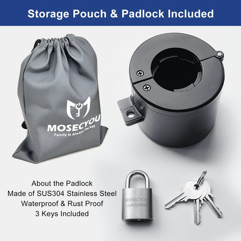 Front view of MOSECYOU door knob locking cover with padlock, SUS304 stainless steel, includes 3 keys and gray storage pouch