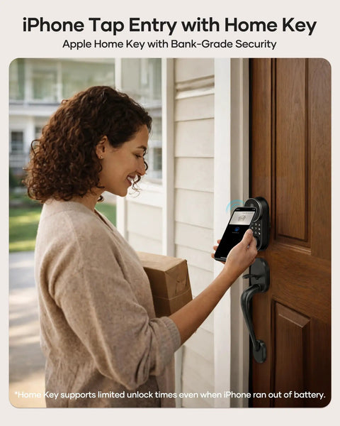 Smart Front Door Lock Set With Built In Wifi Bluetooth Deadbolt Featuring Rapid Print Fingerprint Scanner App And Voice Control for keyless entry via iPhone Home Key.