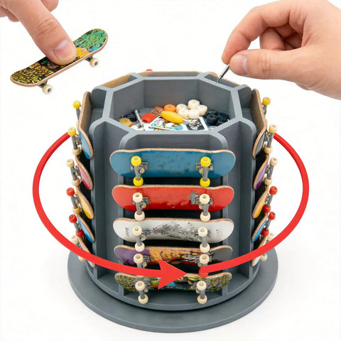 360 Degree Rotating Fingerboard Display Stand For 20 Decks And Accessories Heavy Duty Desktop Organizer with hands adjusting components.