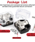 Power Distribution Block For Car Audio With One 0 Gauge In And Two 0 Gauge Out, beefy circuit protection, clear cover, screws and Allen wrench