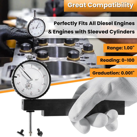 Pro-Grade Sleeve Height And Counter Bore Gauge For All Diesel Engines Cylinder Bore Measuring Tool 0-1.00 In Range 0.001 In Graduation Reading 0-100 Fits Trucks Heavy Equipment And Industrial Diesels displayed with dial indicator and hand in glove holding gauge.