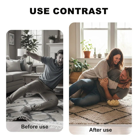Four Pack Rug Grippers For Hardwood Floors That Keep Rugs Staying Put, Non Slip Pads Before and After Use Illustration