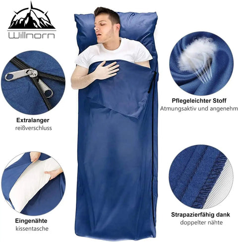Man sleeping in blue Sleeping Bag Liner For Backpacking And Travel Sheets, lightweight with large zipper and pillow compartment.