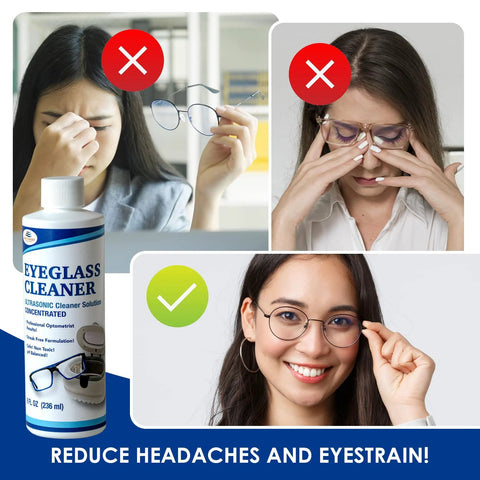 Eyeglass cleaner bottle labeled Ultrasonic Cleaner Solution, 32 oz; Amazon brand, collage showing incorrect vs correct use with glasses.