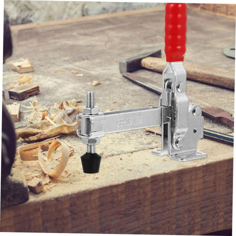 2 Pack Welding Toggle Clamps Quick Release Hold Down Clamps For Woodworking And Metalworking Secure Locking Fixture Clamps For Welding Jigs And Fixtures Heavy Duty Clamp Set For Fast Positioning And Reliable Stability installed on a workbench.