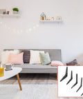 Living room with floating shelves using heavy duty L shape shelf brackets in carbon steel for wall mounted shelves kitchen bath storage