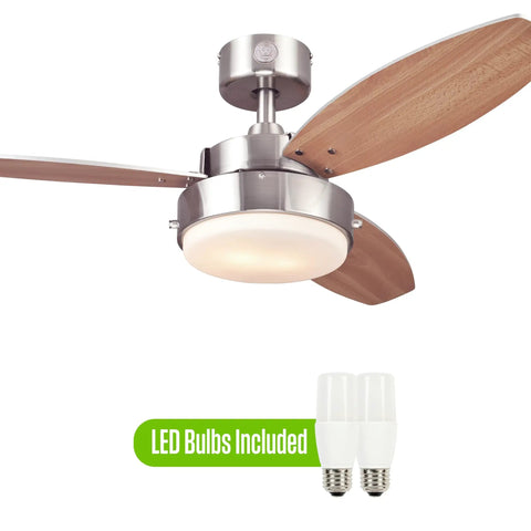 Alloy 42 Inch Ceiling Fan With LED Light Kit, Brushed Nickel Finish, Reversible Beech And Wengue Blades, Down Rod Only