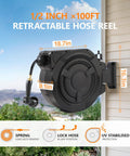 Retractable Garden Hose Reel With One Half Inch By One Hundred Feet Built Tough Heavy Duty Wall Mounted on patio