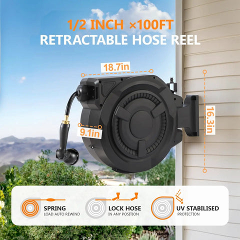 Retractable Garden Hose Reel With One Half Inch By One Hundred Feet Built Tough Heavy Duty Wall Mounted on patio