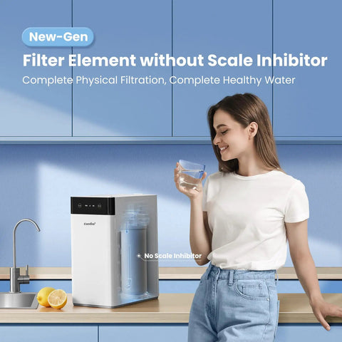 Woman using Top-Notch Tankless Reverse Osmosis System 400 GPD With 7-Stage Filtration For Under-Sink Drinking Water PureSnap