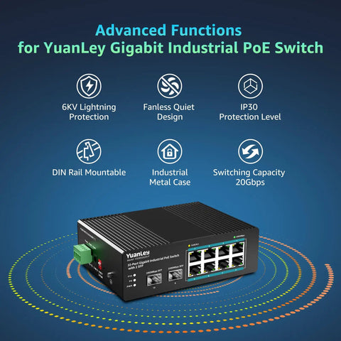 Industrial 10 Port PoE Switch With Eight PoE Ports 240W Total Power And 120W Adapter Included shown with features like lightning protection