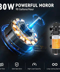 All In One Portable 12V Fuel Transfer Pump Kit Delivering 90 GPH, 80W Copper Motor with technical details displayed
