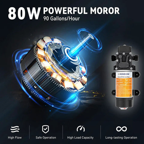 All In One Portable 12V Fuel Transfer Pump Kit Delivering 90 GPH, 80W Copper Motor with technical details displayed