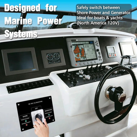 Marine Transfer Switch Panel 120V 30A installed on a boat dashboard, with 2-position break-before-make power selector and LED indicator.