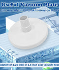 Pool vacuum plate adapter for 1.25-inch or 1.5-inch hoses, shown beside a pool with stair access.