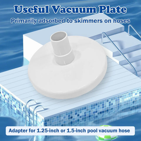 Pool vacuum plate adapter for 1.25-inch or 1.5-inch hoses, shown beside a pool with stair access.