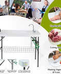 Folding Fish Cleaning Table With Portable Sink, Faucet, Drainage Hose And Sprayer, Camping Fillet Station, grid rack underneath