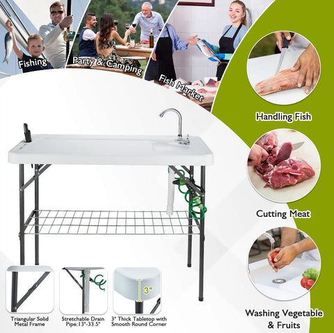 Folding Fish Cleaning Table With Portable Sink, Faucet, Drainage Hose And Sprayer, Camping Fillet Station, grid rack underneath