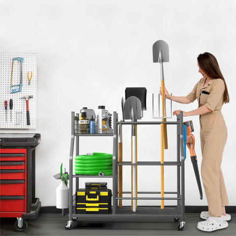 Heavy Duty Garden Tool Organizer Stand With Lockable Wheels Giant 36.25 Inch Long 15.75 Inch Wide 37.25 Inch Tall Storage Rack