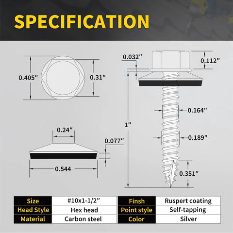 Tough As Nails Hex Head Self Tapping Roofing Screws Size Ten By One Point Five Inch Bundle Of Three Hundred with specifications and measurements.