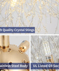 Gold Dandelion Sputnik 9 Light Crystal Chandelier Ceiling Fixture with crystal strings, stainless steel body, and G9 socket.