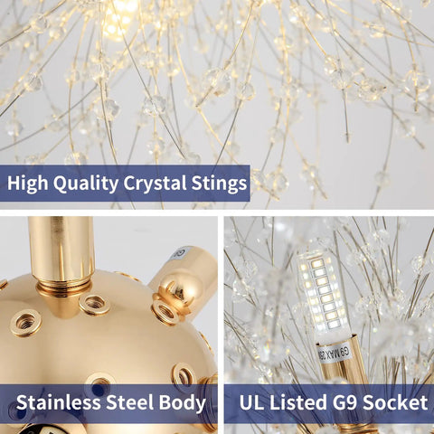 Gold Dandelion Sputnik 9 Light Crystal Chandelier Ceiling Fixture with crystal strings, stainless steel body, and G9 socket.