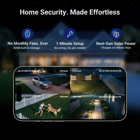 Plug And Play Wireless Outdoor Home Security Camera System 4 Camera Kit With Solar Power, night view with four camera feeds