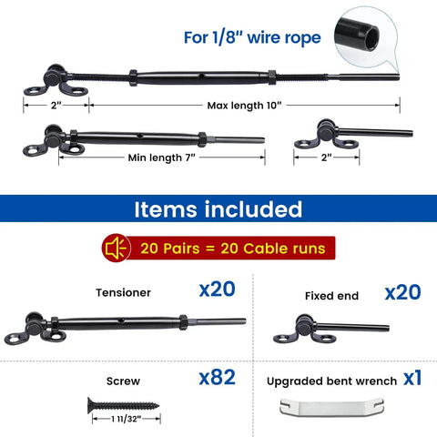 Diagram of One Eighth Inch Black Cable Railing Hardware Kit With Swage Toggle Turnbuckle For Wood Posts, 40 Pack CK07 components