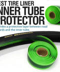 Green bike tire liner with text 'Best Tire Liner Inner Tube Protector' and rolled TPU liner for 24 to 29 inch mountain and road tires.