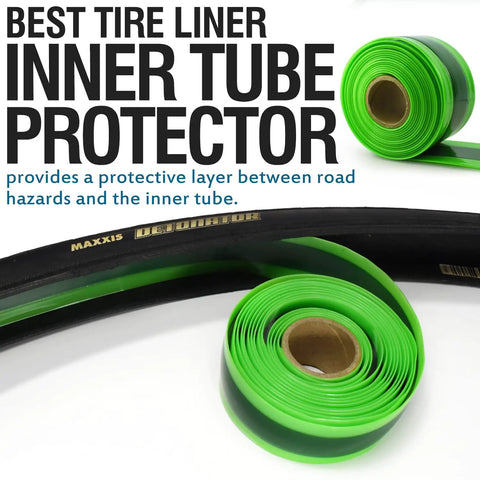 Green bike tire liner with text 'Best Tire Liner Inner Tube Protector' and rolled TPU liner for 24 to 29 inch mountain and road tires.