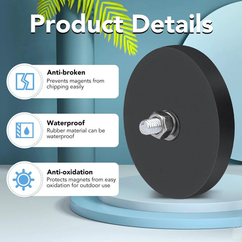 DIYMAG rubber-coated neodymium magnet base, 2.6-inch disk with M8 stud and nut, black, front view