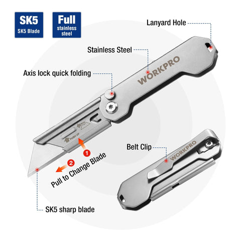 WORKPRO 2-pack EDC folding utility knives with belt clip; stainless steel SK5 blade, axis-lock, includes 10 extra blades
