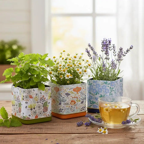 Herbal Tea Garden Starter Kit With Lavender Chamomile And Lemon Balm Seeds In 3 Square Tin Planters on windowsill, tea cup beside plants.
