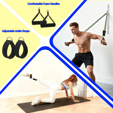Hella Durable Resistance Band Wall Mount Rack With Two Sturdy Aluminum Brackets And Five Thick Elastic Cords for home workouts.