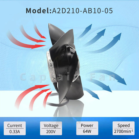 Side view of Beefy Axial Fan For Spindle And Servo Motors 400/480VAC 0.26A Five Blade Sheet Steel Black Finish with airflow illustration
