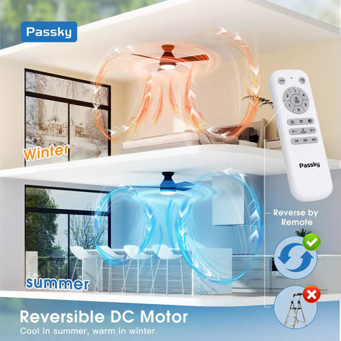 Modern 42 Inch Low Profile Ceiling Fan In Sleek Black With Whisper Quiet Motor Providing Super Smooth Cooling Airflow And Bright Led Lighting With Remote And Pull Chain Options showing reversible airflow for summer and winter use.