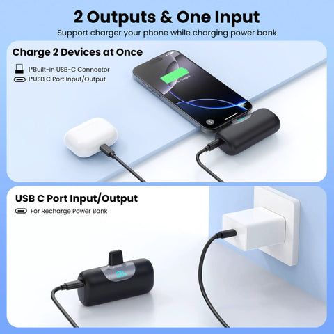 Mini Portable Charger For iPhone 17 16 15 Series And Android 5500mAh PD Fast Charging USB-C Power Bank connected to phone and outlet
