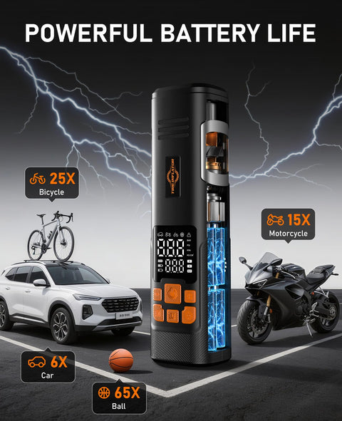 Cordless Tire Inflator Portable Air Compressor With 150 PSI Auto Shutoff LED Light And Digital Pressure Gauge next to car, bike, and motorcycle