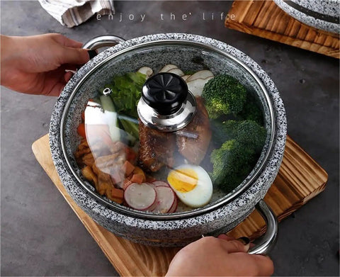 Induction Base Granite Stone Bowl With Glass Lid And Wood Base Heavy Duty Thick Stone Pot For Bibimbap And Soups Hot Pot Fan Favorite