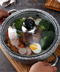 Stone Bowl With Induction Base And Glass Lid, Thick Granite Stoneware On Wooden Stand, Keeps Bibimbap Hot Longer, 11 Inch